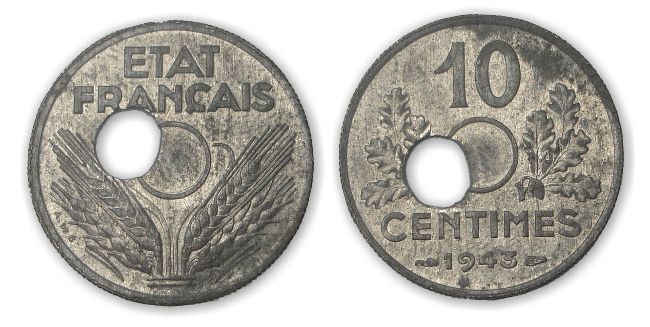 10 ctes Etat Français grand module 1943 perforation décentrée 10 ctes Etat Français grand module 1943 perforation décentrée