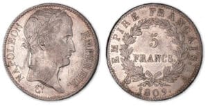 5 francs Napoléon revers Empire 1809 A (Paris). 5 francs Napoléon revers Empire 1809 A (Paris).