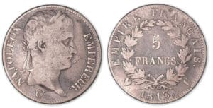5 francs Napoléon revers Empire 1813 U (Turin). 5 francs Napoléon revers Empire 1813 U (Turin).