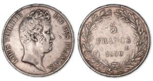5 francs Louis-Philippe tête nue, tranche relief 1830 A (Paris). 5 francs Louis-Philippe tête nue, tranche relief 1830 A (Paris).