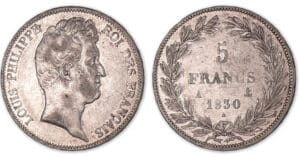 5 francs Louis-Philippe tête nue, tranche creux 1830 A (Paris). 5 francs Louis-Philippe tête nue, tranche creux 1830 A (Paris).