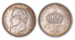 50 centimes Napoléon III tête laurée 1868 A (Paris). 50 centimes Napoléon III tête laurée 1868 A (Paris).