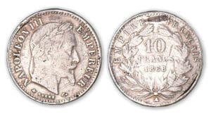 10 francs Napoléon III tête laurée 1868 A (Paris) essai en argent. 10 francs Napoléon III tête laurée 1868 A (Paris) essai en argent.