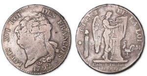 Ecu de 6 livres type FRANCOIS 1792 M (Toulouse) 2e semestre. Ecu de 6 livres type FRANCOIS 1792 M (Toulouse) 2e semestre.