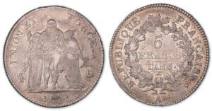 5 francs Hercule union et force avec glands An 6 A (Paris). 5 francs Hercule union et force avec glands An 6 A (Paris).