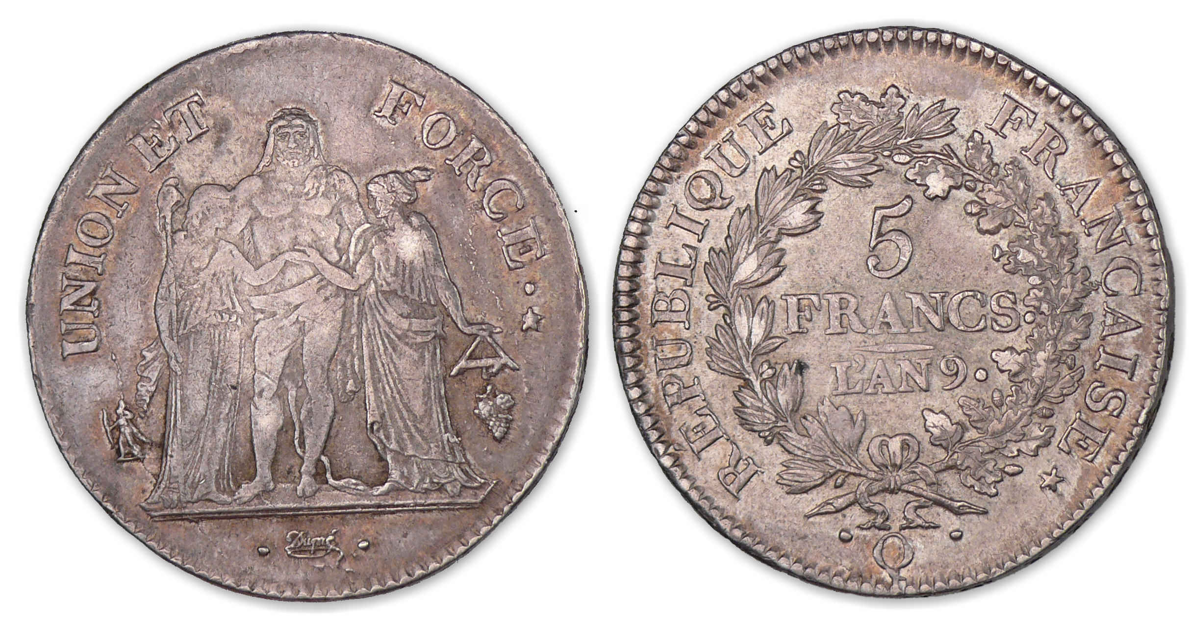 5 francs Hercule union et force avec glands An 9 Q (Perpignan). 5 francs Hercule union et force avec glands An 9 Q (Perpignan).