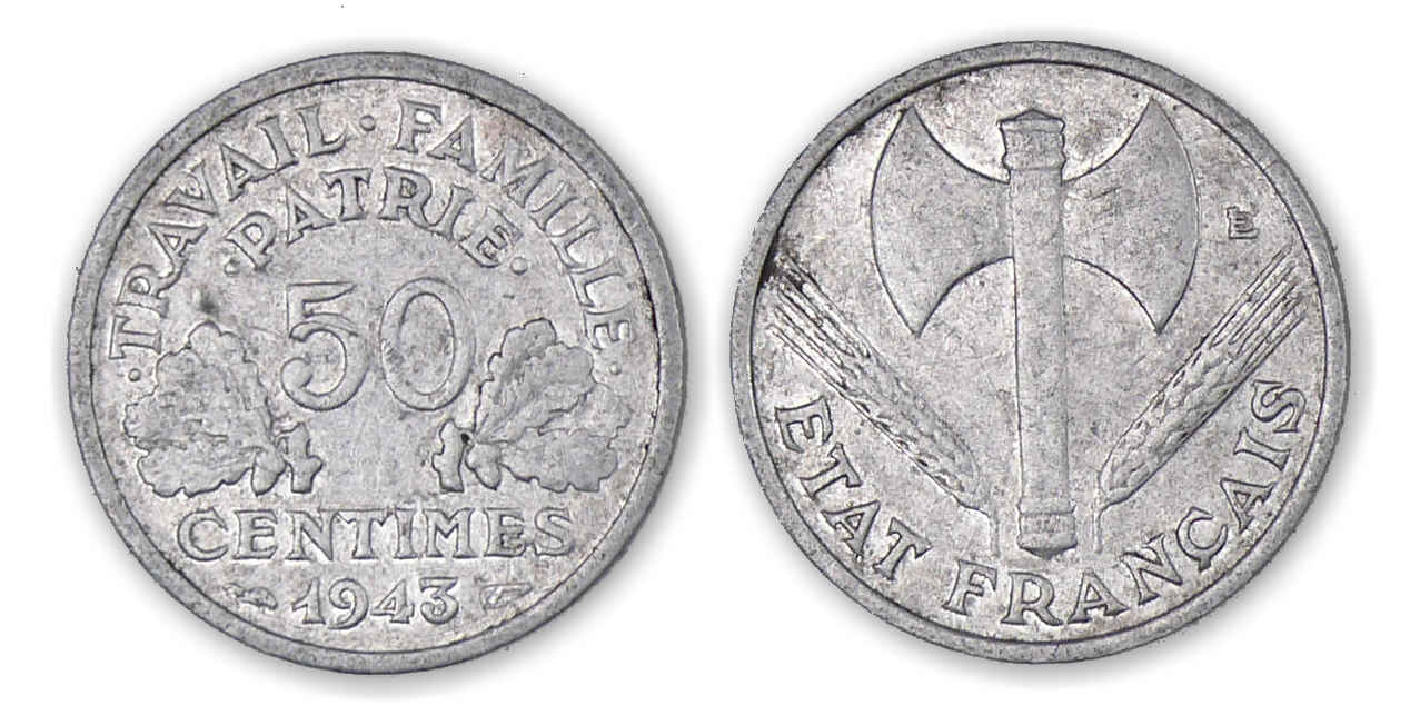 50 centimes Bazor 1943 Frappe médaille. 50 centimes Bazor 1943 Frappe médaille.