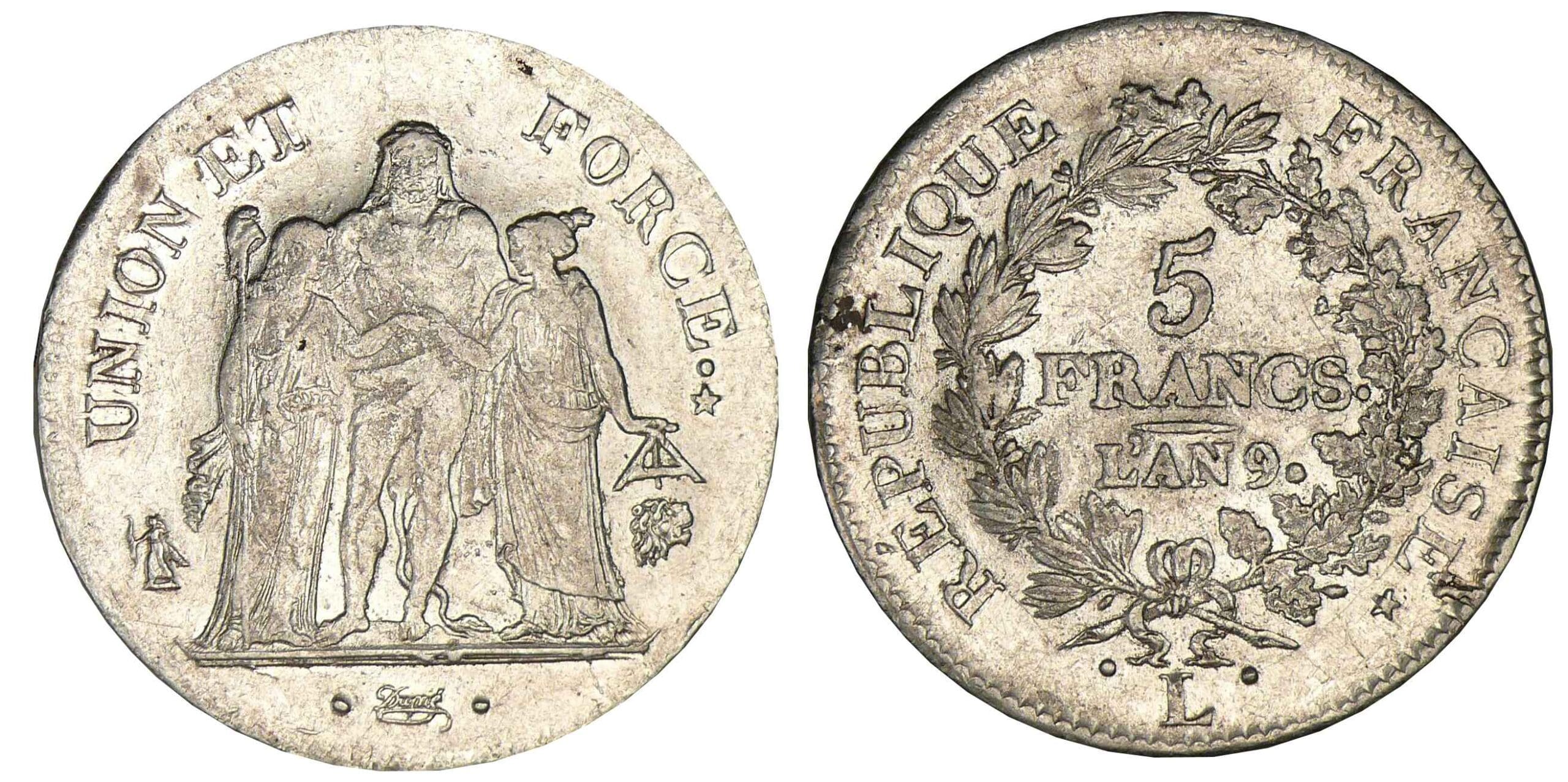 5 francs Hercule union et force An 9 L (Bayonne) 5 francs Hercule union et force An 9 L (Bayonne)