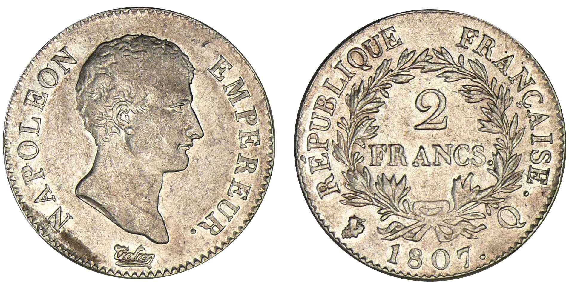 2 francs Napoléon Empereur 1807 Q (Perpignan) 2 francs Napoléon Empereur 1807 Q (Perpignan)