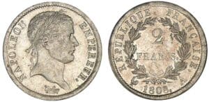 2 francs Napoléon revers République 1808 A (Paris)