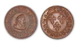 Henri IV - Denier tournois 1607 D (Lyon) au trois lis. Henri IV - Denier tournois 1607 D (Lyon) au trois lis.