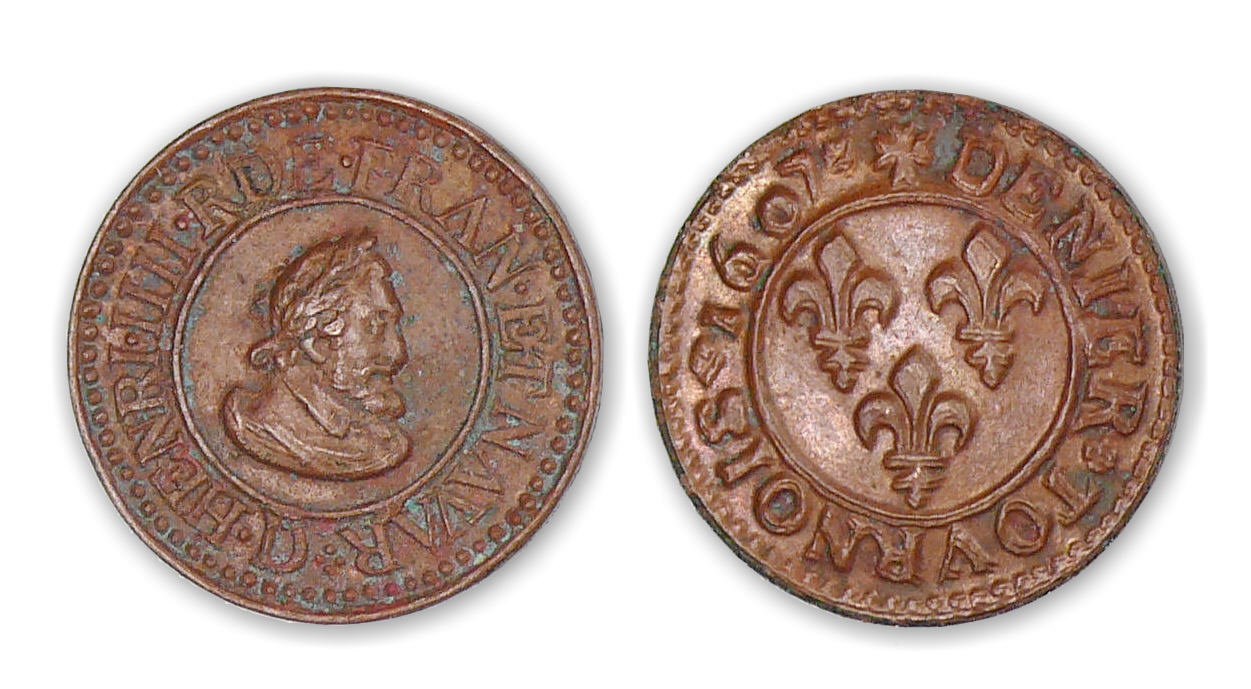 Henri IV - Denier tournois 1607 D (Lyon) au trois lis. Henri IV - Denier tournois 1607 D (Lyon) au trois lis.