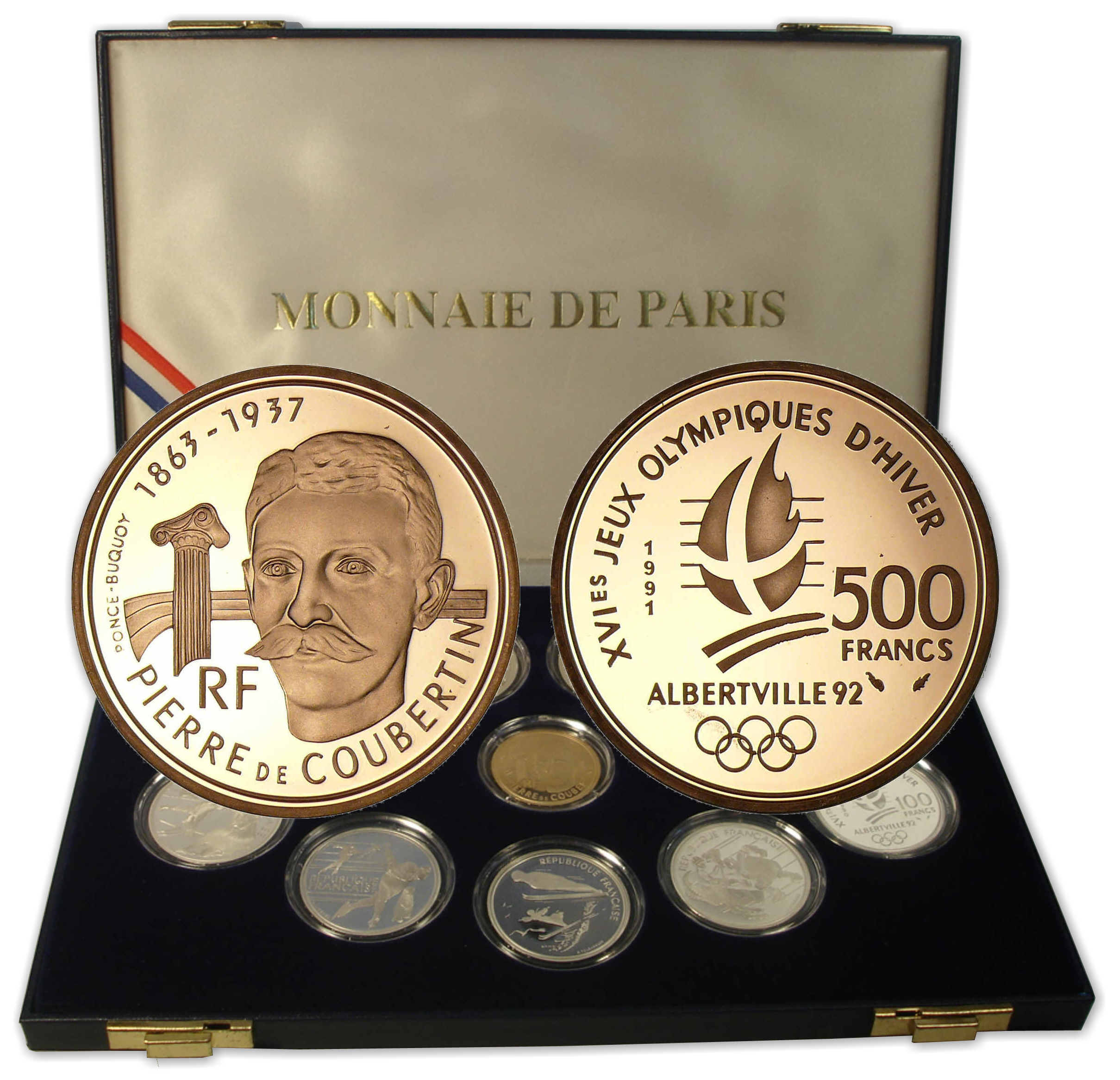 Coffret de neuf pièces de 100 francs BE Jeux Olympiques d'hiver d'Albertville, et une 500 francs or BE Pierre de Coubertin - 1991/92. Coffret de neuf pièces de 100 francs BE Jeux Olympiques d'hiver d'Albertville, et une 500 francs or BE Pierre de Coubertin - 1991/92.