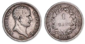 1 franc Napoléon I tête nue - Tête de nègre 1807 A (Paris) 1 franc Napoléon I tête nue - Tête de nègre 1807 A (Paris)