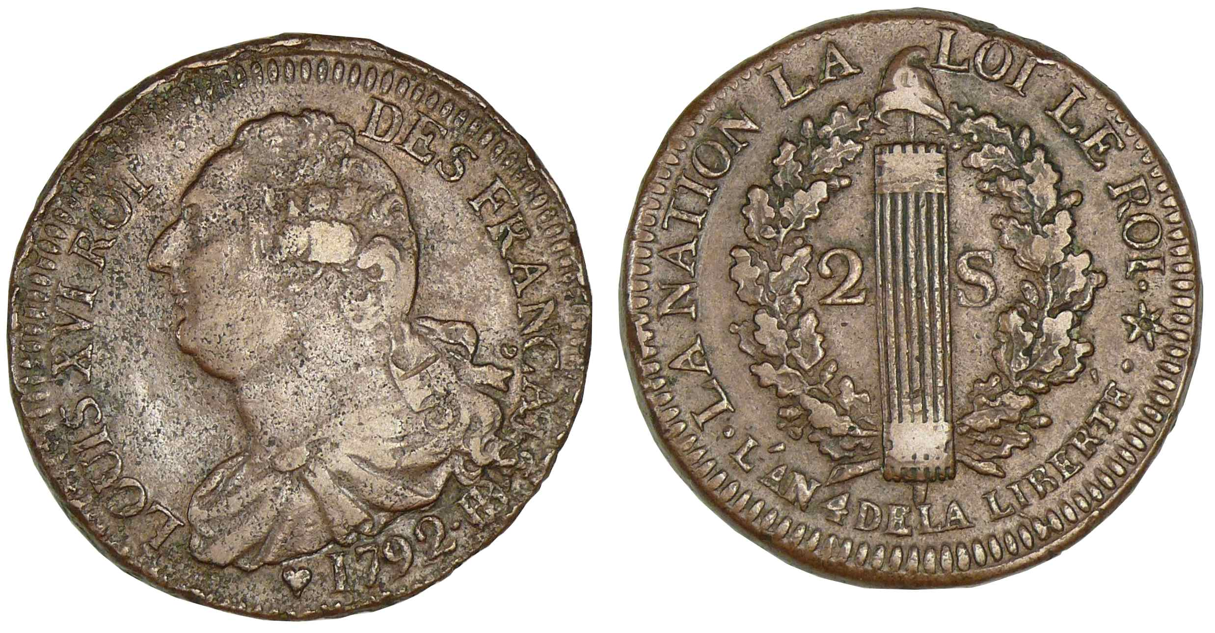 2 sols au faisceau type FRANCAIS 1792 BB (Strasbourg) 2 sols au faisceau type FRANCAIS 1792 BB (Strasbourg)