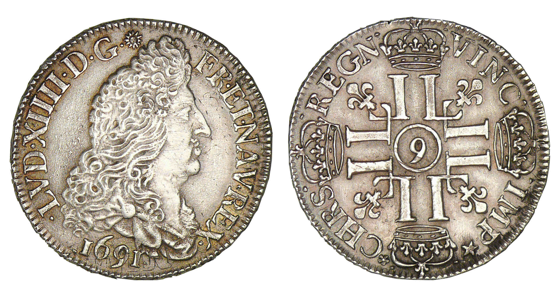 Louis XIV - Demi-écu aux 8 L 1er type 1691 9 (Rennes) Louis XIV - Demi-écu aux 8 L 1er type 1691 9 (Rennes)