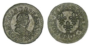 Louis XIII - Double tournois enfantin 1618 D (Lyon) Louis XIII - Double tournois enfantin 1618 D (Lyon)