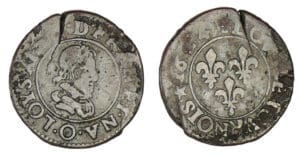 Louis XIII - Double tournois enfantin 1624 O (Riom) frappe médaille Louis XIII - Double tournois enfantin 1624 O (Riom) frappe médaille