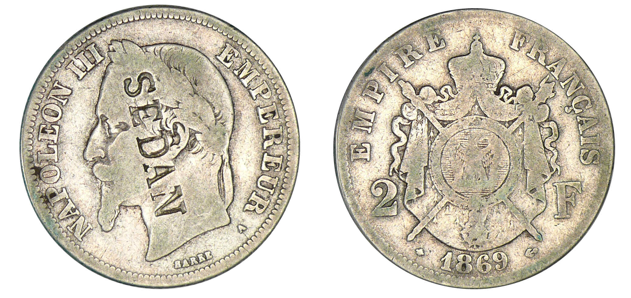 2 francs Napoléon III - tête laurée 1869 A (Paris) - Monnaie satirique 2 francs Napoléon III - tête laurée 1869 A (Paris) - Monnaie satirique