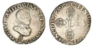 Louis XIII - Demi-franc buste lauré au col fraisé 1613 B (Rouen) Louis XIII - Demi-franc buste lauré au col fraisé 1613 B (Rouen)
