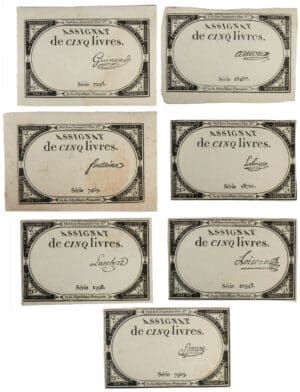 Lot de 7 assignats de 5 livres - Emission de 10 brunaire de l'an 2