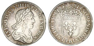 Louis XIII - Quart d'écu 2ème poinçon 1643 D (Lyon) Louis XIII - Quart d'écu 2ème poinçon 1643 D (Lyon)