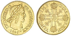 Louis XIII - Louis d'or à la mèche courte 2ème type et au buste vieilli 1643 D (Lyon) Louis XIII - Louis d'or à la mèche courte 2ème type et au buste vieilli 1643 D (Lyon)