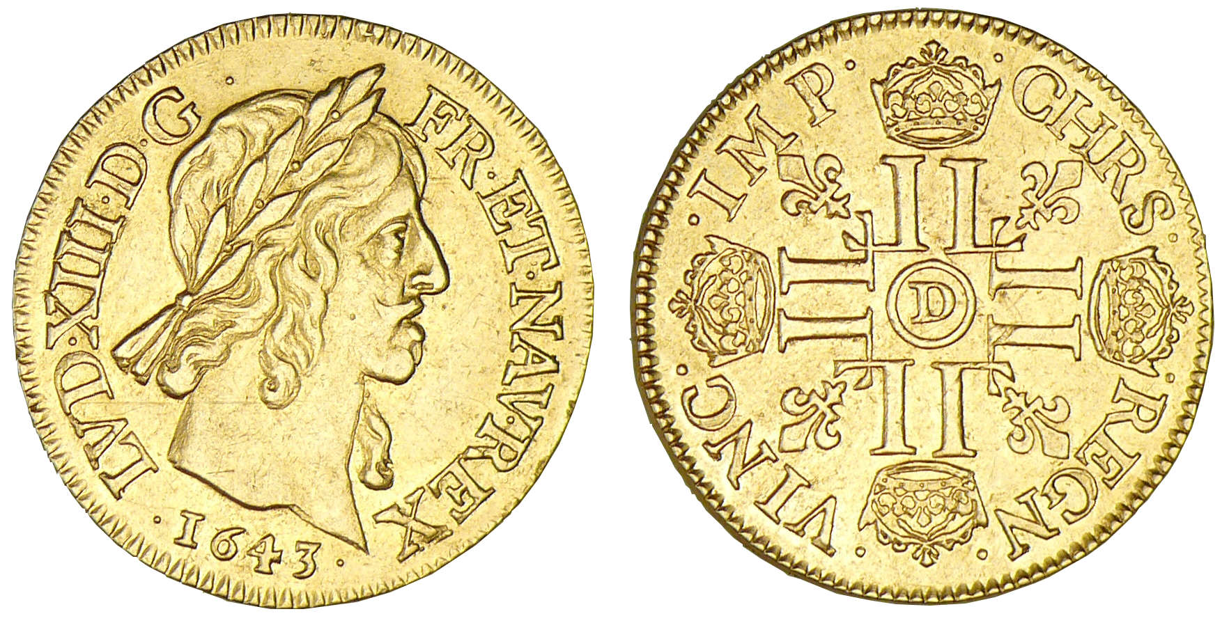 Louis XIII - Louis d'or à la mèche courte 2ème type et au buste vieilli 1643 D (Lyon) Louis XIII - Louis d'or à la mèche courte 2ème type et au buste vieilli 1643 D (Lyon)
