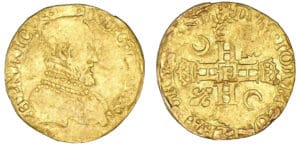 Henri II - Henri d'or 1er type 1555 F (Angers) Henri II - Henri d'or 1er type 1555 F (Angers)