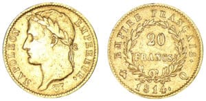20 francs Napoléon revers Empire 1814 Q (Perpignan)