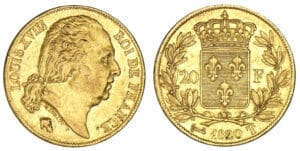 20 francs Louis XVIII - buste nu 1820 T (Nantes) 20 francs Louis XVIII - buste nu 1820 T (Nantes)