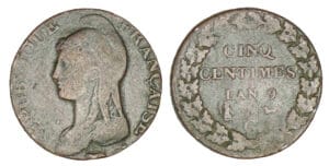 5 centimes Dupré grand module - An 9 G (Genêve) - Avers de la décime petit module 5 centimes Dupré grand module - An 9 G (Genêve) - Avers de la décime petit module