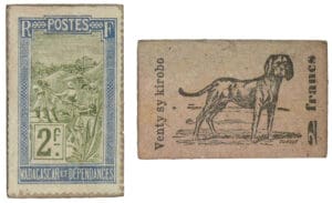 Madagascar - Monnaie de carton - 2 francs (Venty sy kirobo) Madagascar - Monnaie de carton - 2 francs (Venty sy kirobo)