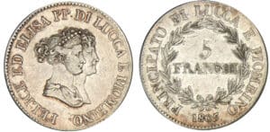Italie - Principauté de Lucques et Piombino - Félix Bacciochi et Elisa Bonaparte - 5 franchi 1805 (Florence) Italie - Principauté de Lucques et Piombino - Félix Bacciochi et Elisa Bonaparte - 5 franchi 1805 (Florence)