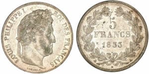 5 francs Louis-Philippe I - tête laurée-  2ème type - 1833 A (Paris)