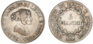 Italie - Principauté de Lucques et Piombino - Félix Bacciochi et Elisa Bonaparte - 5 franchi 1805 (Florence) Italie - Principauté de Lucques et Piombino - Félix Bacciochi et Elisa Bonaparte - 5 franchi 1805 (Florence)