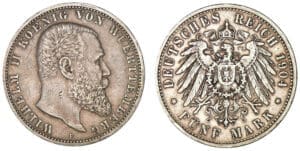Allemange - Wurttemberg - Guillaune II - 5 mark 1904 F (Freudenstadt) Allemange - Wurttemberg - Guillaune II - 5 mark 1904 F (Freudenstadt)