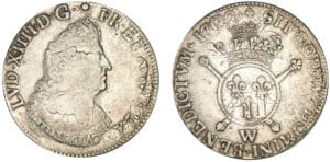 Louis XIV - Ecu aux insignes 1702 W (Lille) buste aux palmes Louis XIV - Ecu aux insignes 1702 W (Lille) buste aux palmes