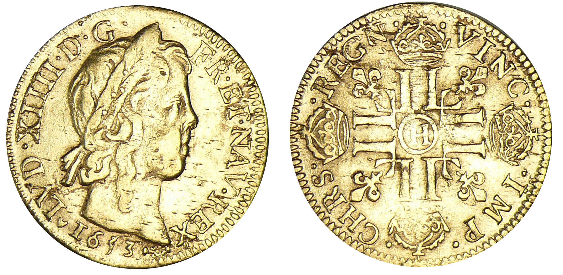 Louis XIV - Louis d'or à la mèche longue 1653 H (La Rochelle) Louis XIV - Louis d'or à la mèche longue 1653 H (La Rochelle)