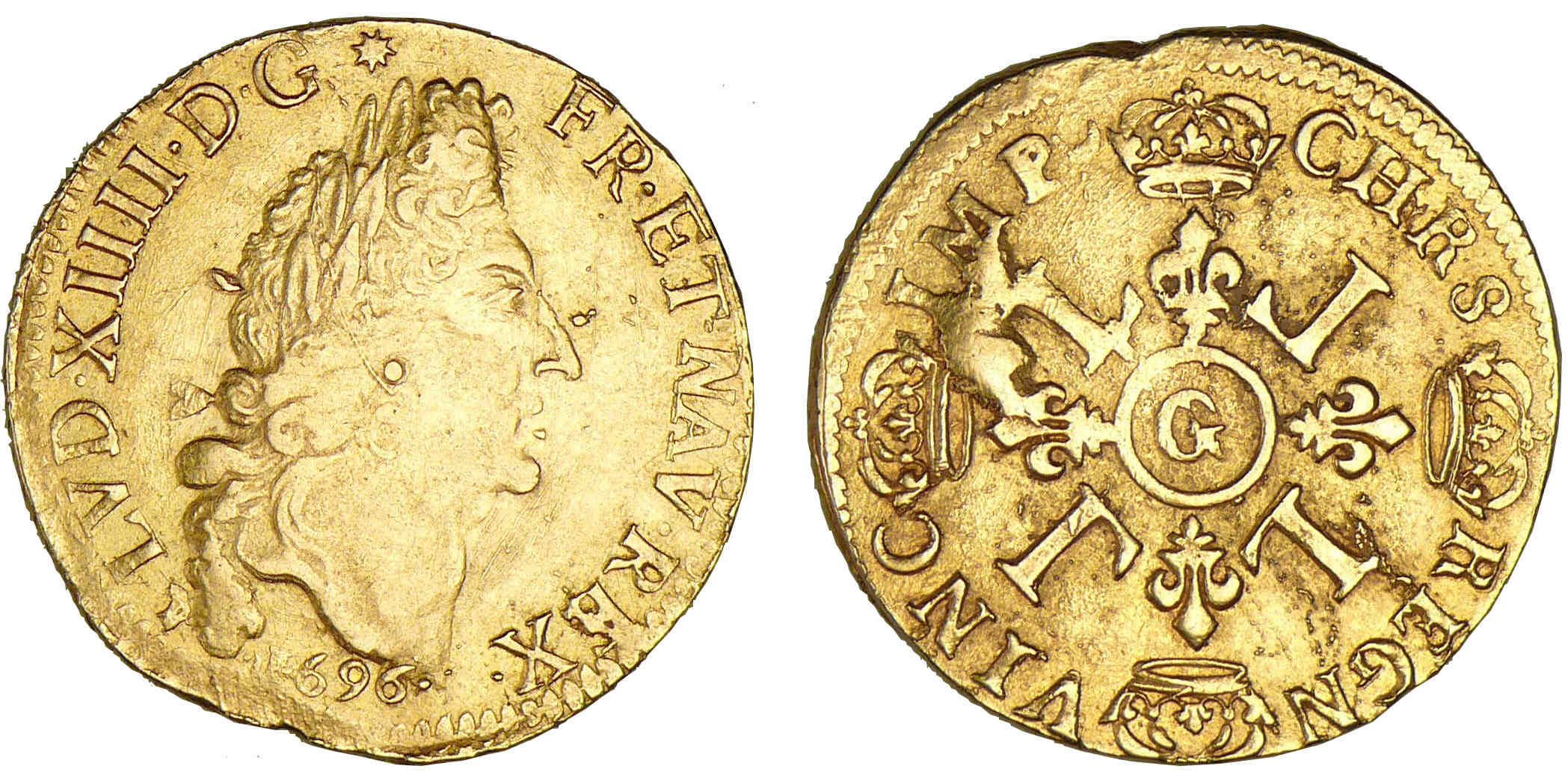 Louis XIV - Double Louis d'or aux 4 L 1696 G (Poitiers) Louis XIV - Double Louis d'or aux 4 L 1696 G (Poitiers)
