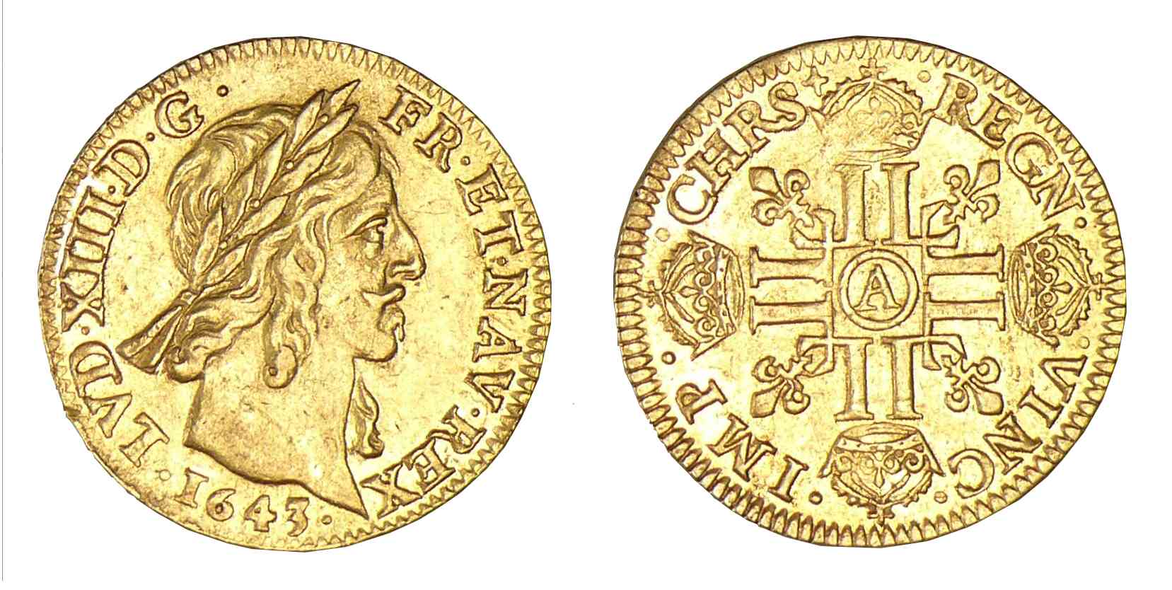 Louis XIII - Louis d'or, 3ème type buste vieux 1643 A (Paris) trésor de Montrichard Louis XIII - Louis d'or, 3ème type buste vieux 1643 A (Paris) trésor de Montrichard