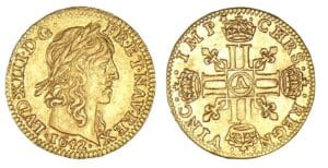 Louis XIII - Demi-louis d'or à la mèche longue 1642 A (Paris) trésor de Montrichard Louis XIII - Demi-louis d'or à la mèche longue 1642 A (Paris) trésor de Montrichard