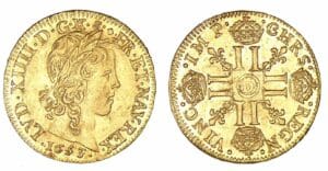 Louis XIV - Louis d'or à la mèche Longue 1653 D (Lyon) trésor de Montrichard Louis XIV - Louis d'or à la mèche Longue 1653 D (Lyon) trésor de Montrichard