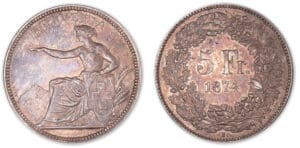 Suisse - 5 Francs 1874 B (Berne) frappe médaille..