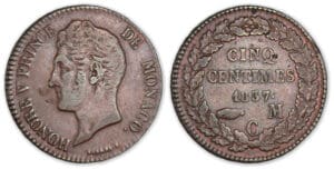 Monaco - Honoré V - 5 ctes 1837 MC petite tête Monaco - Honoré V - 5 ctes 1837 MC petite tête