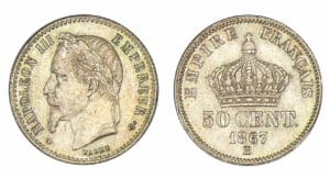 50 centimes Napoléon III tête laurée 1867 BB (Strasbourg)