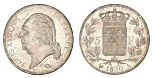5 francs Louis XVIII buste nu 1820 A (Paris) 5 francs Louis XVIII buste nu 1820 A (Paris)