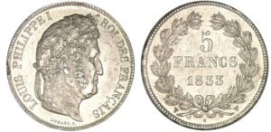 5 francs Louis-Philippe Ier tête laurée - 2ème type 1833 W (Lille) 5 francs Louis-Philippe Ier tête laurée - 2ème type 1833 W (Lille)