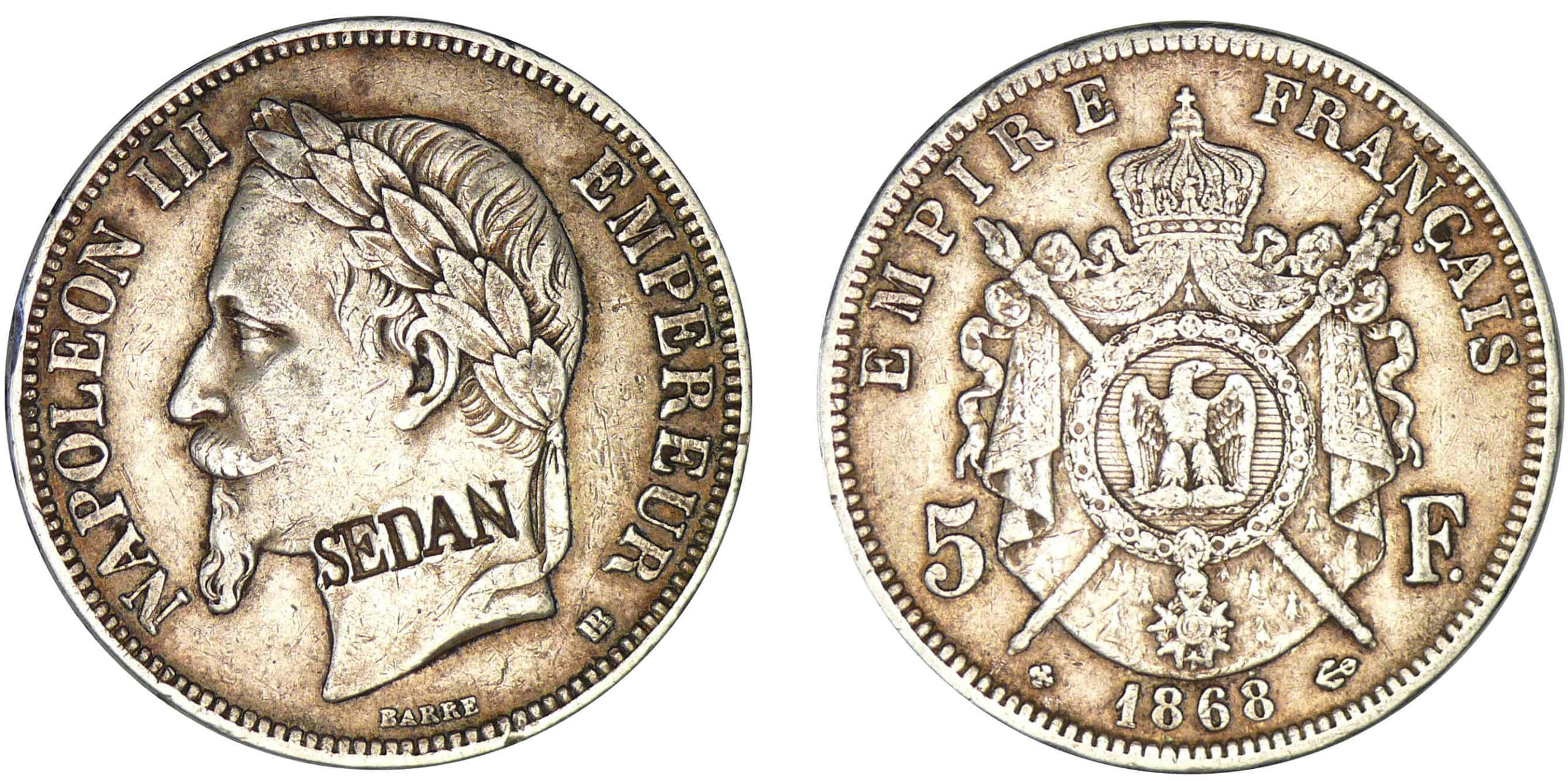 5 francs Napoléon III tête laurée 1868 BB (Strasbourg) - Satirique 5 francs Napoléon III tête laurée 1868 BB (Strasbourg) - Satirique