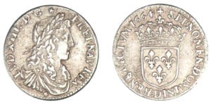 Louis XIV - Douzième d'écu buste juvénile 2ème type 1664 D (Lyon) Louis XIV - Douzième d'écu buste juvénile 2ème type 1664 D (Lyon)
